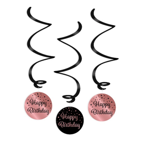 Swirl versiering rose/black - Happy birthday
